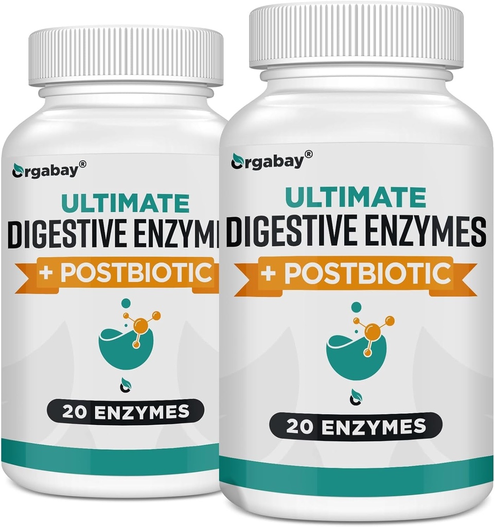 Orgabay Digestive Enzymes 1000mg z Postbiotykami, 20 Enzym Mieszanka do rozkwitania, Optymalna trawienie i funkcji Gut, 120 Kapsułki wegetariańskie