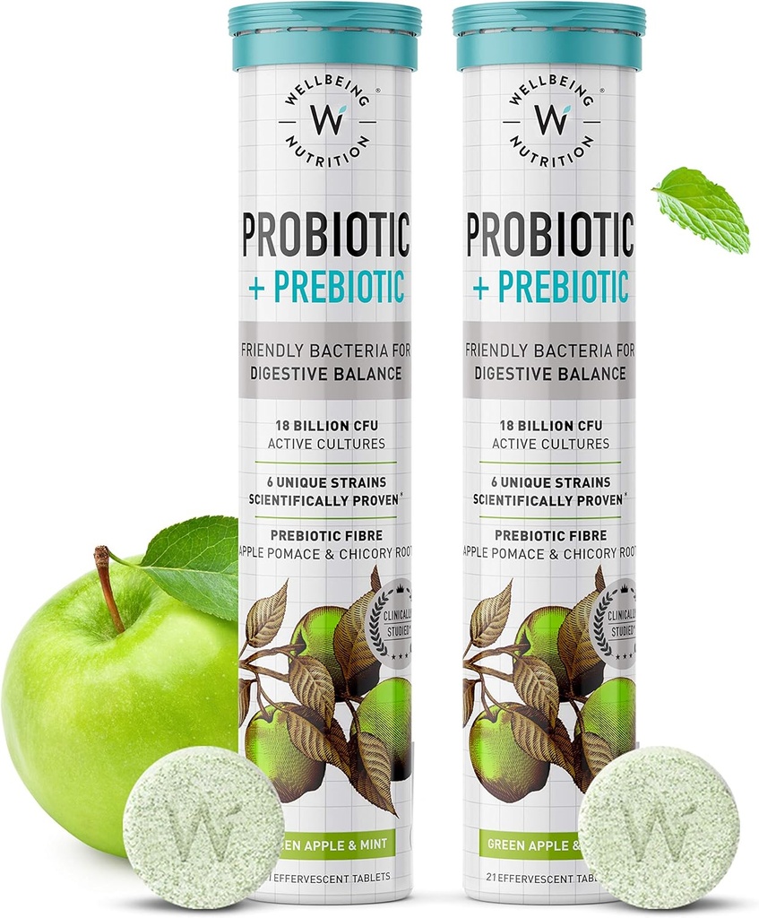 WELLBEING NUTRITION Daily Probiotic + Prebiotic 124; Plant Based Assembly 124; 18 Billion CFU, 6 Szczepów dla mężczyzn i kobiet z organicznym włóknem prebiotycznym do trawienia, Gut Health, Metabolizm 124; 42 Table musujące