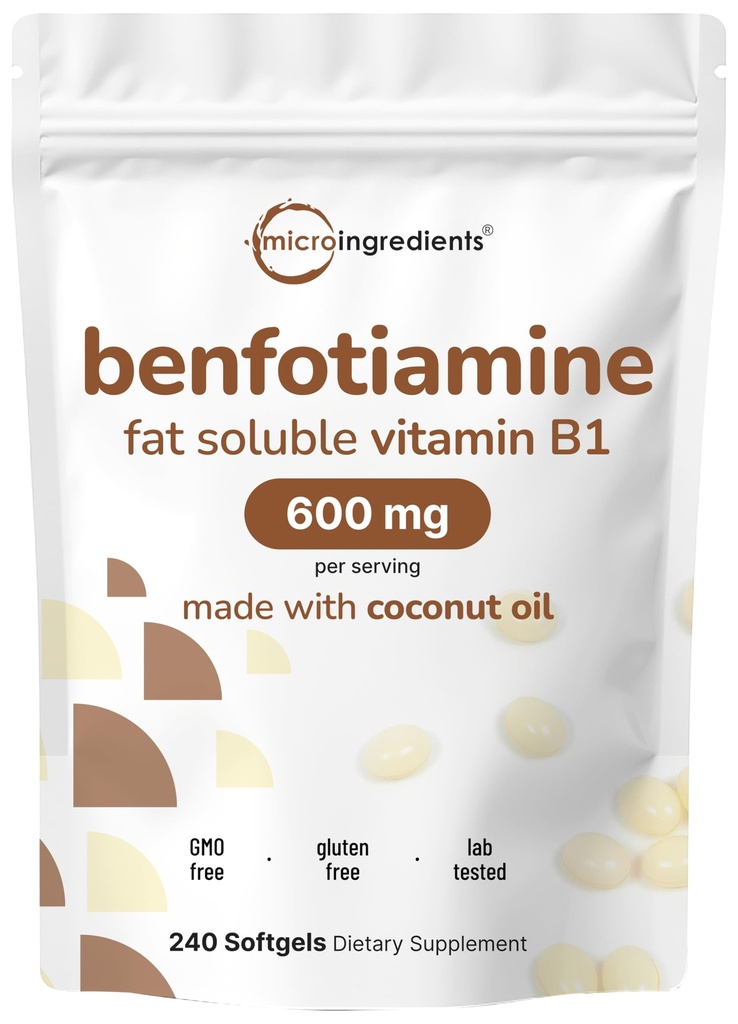 Micro Składniki Witamina B1 Benfotiamina 600mg Na Podawanie, 240 Softgels oleju kokosowego 124; Biodostępny suplement witamin B, Przekonwertowany na Aktywne Tiaminy 124; Non-GMO, Soy Free