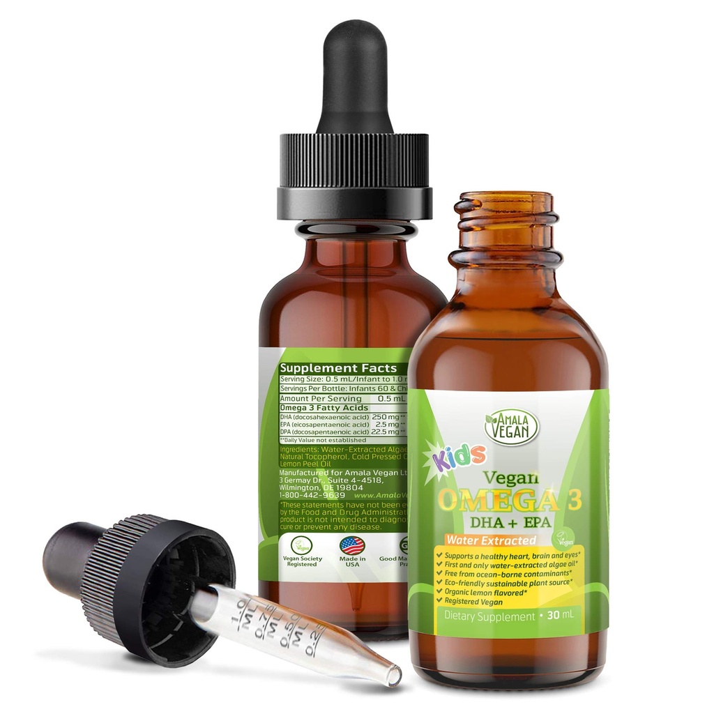 Omega 3 dla dzieci - Cytryna organiczna, Wegan, Suplement płynny - Olej rybny dla dzieci z DHA, EPA, DPA Kwasy tłuszczowe - Olej Algi na bazie roślin - immunologiczne, Serce, Zdrowie mózgu dla dzieci- 30- 60 Dawki