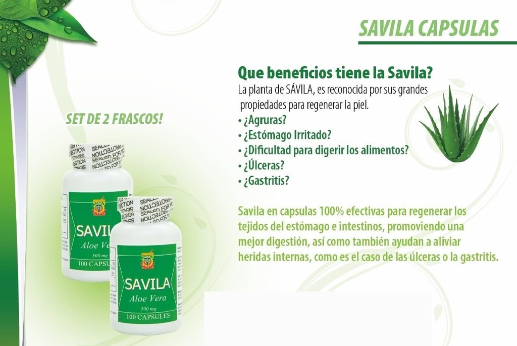 Nutrisalud Products Capsulas de Savila, Aloe Vera Capsuls 500 mg. Set de 2 frascos 100 Capsulas CADA un.Efectivo Contra ulceras, agruras, mala Diestion, Colitis, estreñimimiento. Dura mas de 3 Meses.