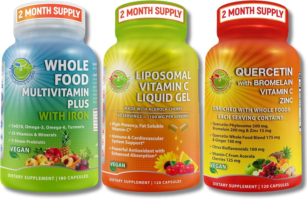 Immune, Energy & Complementary Multi- System Support Trio - Witamina Liposomalna C 1100mg płynnego żelu + Quercetin z bromelainem, cynkiem i witaminą C + Daily Multivitamin z żelazem - Non-GMO, Czyste etykiety