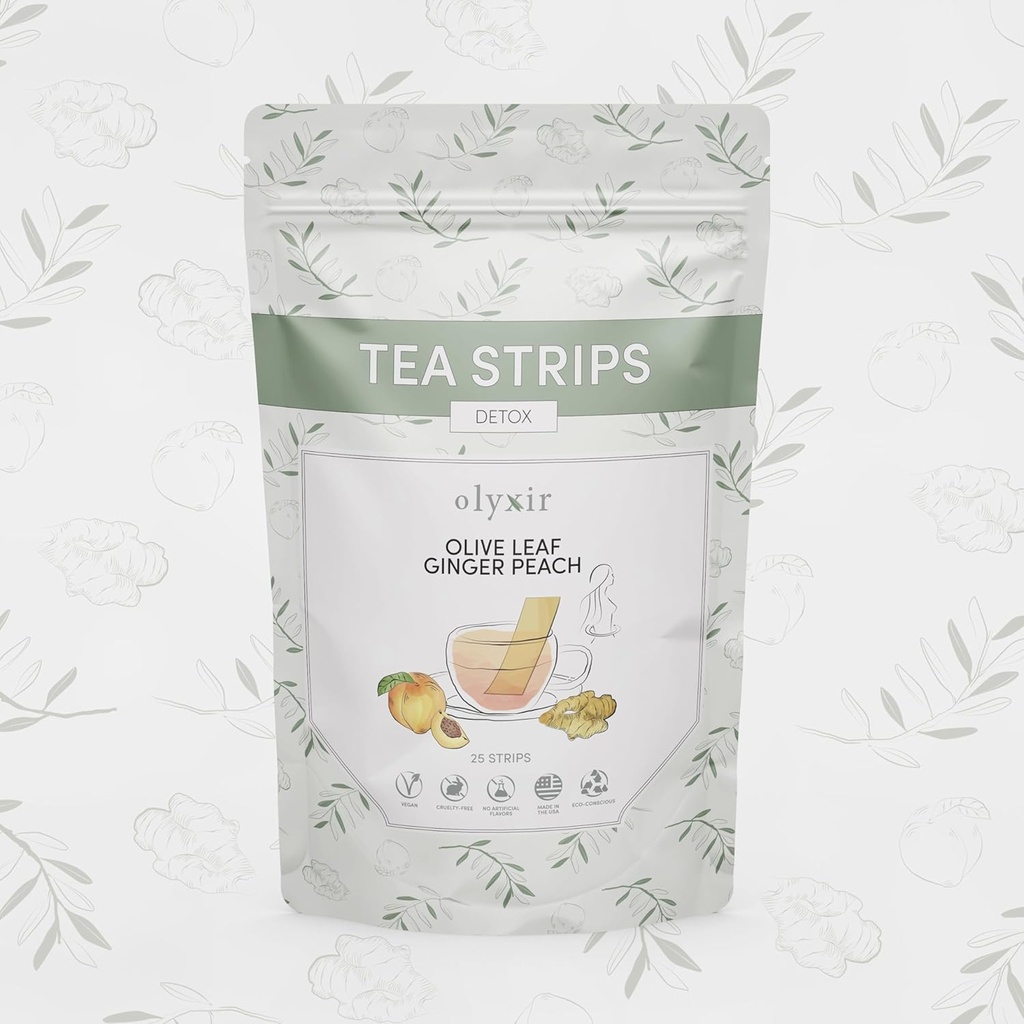 Olyxir Detox Tea Strips - Natural Olive Leaf, Ginger, & Peach Flavors - Instant, Energizing, Organic, Paleo, Vegan, Non-GMO