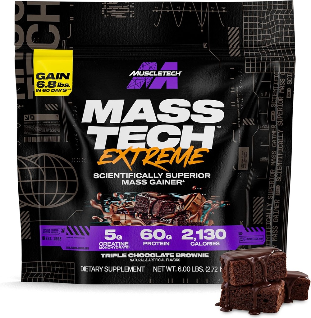 Muscletech High- Protein Mass Gainer (Triple Chocolate Brownie, 6LB) - Mass Tech Extreme 2000 Mass Gainer Protein Powder Supplement - Weight Gainer for Increase Muscle, Enhanced Recovery & Siła