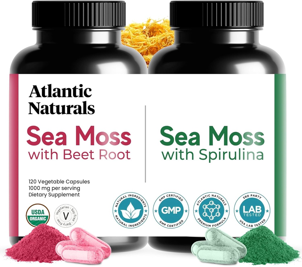 Atlantic Naturals Sea Moss Superfood Bundle - Sea Moss with Beet Root & Spirulina Kapsułki - Wsparcie obronne, Przepływ krwi, Joint Health & Iron - 240 Kapsułki (2 x 120 ct)