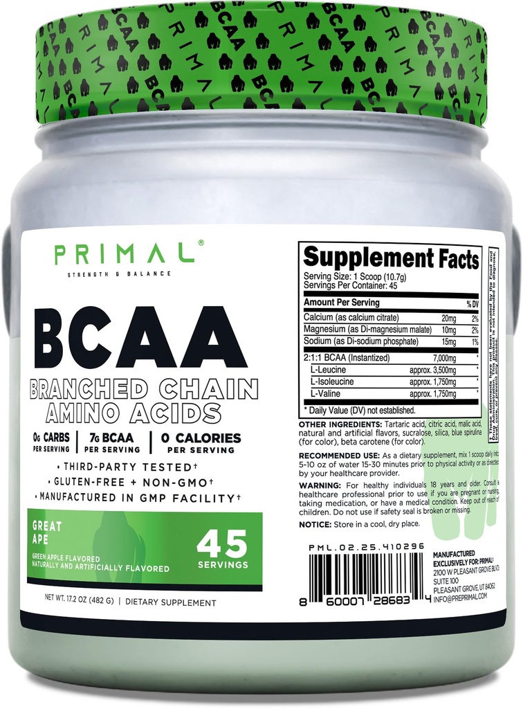Primal BCAA proszek Great Ape (45 SERV) (Green Apple Flavored) - 0 g węglowodanów, 0 kalorii, 7 g BCAA na porcję