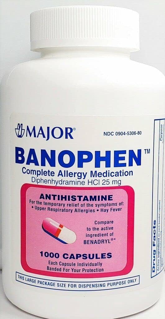 Major Banohpen - Kompletny lek alergiczny - Difenhydramina HCI 25 Mg - Antyhistamina - 1000 kapsułek (1 opakowanie)