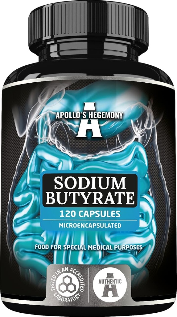 Wysoka dawka butyratu sodu 570 mg (30% kwasu butyricznego), 120 kapsułek wegańskich, 4-miesięczne dostawy, suplement sodu do wspomagania regeneracji bariery jelitowej i nadwyżek zdrowia - przez Hegemonię Apollo