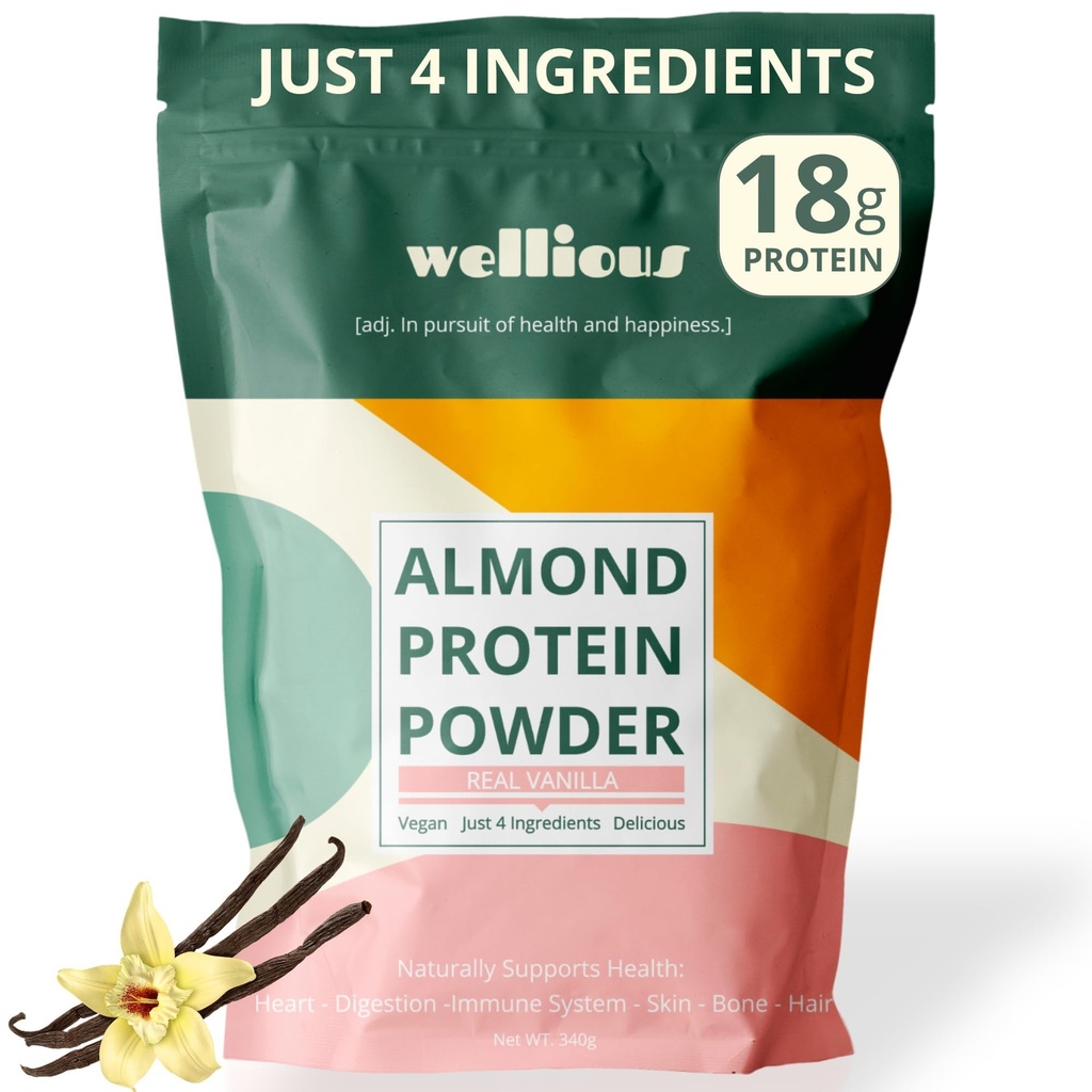 Wellious Proszek z białka migdałowego (Vanilla) - 18 Grams Pure Healthiest Vegan Protein for Women & Men - Perfect gluten- Free, Soy- Free & Smooth Gut Friendly Protein Powder for Sports Nutrition