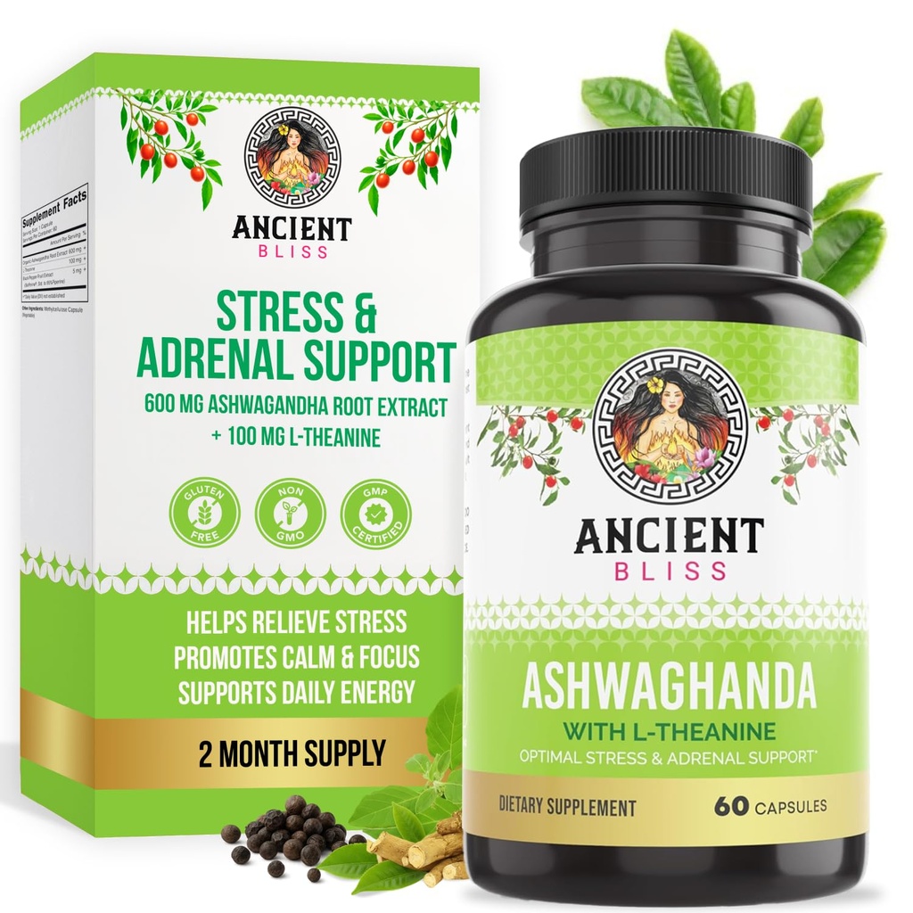 Ancient Bliss Ashwagandha z L-Theanine & Black Pepper Extract Kapsułki, Energia & Natural Mood Supplement, Suplement Focus dla dorosłych