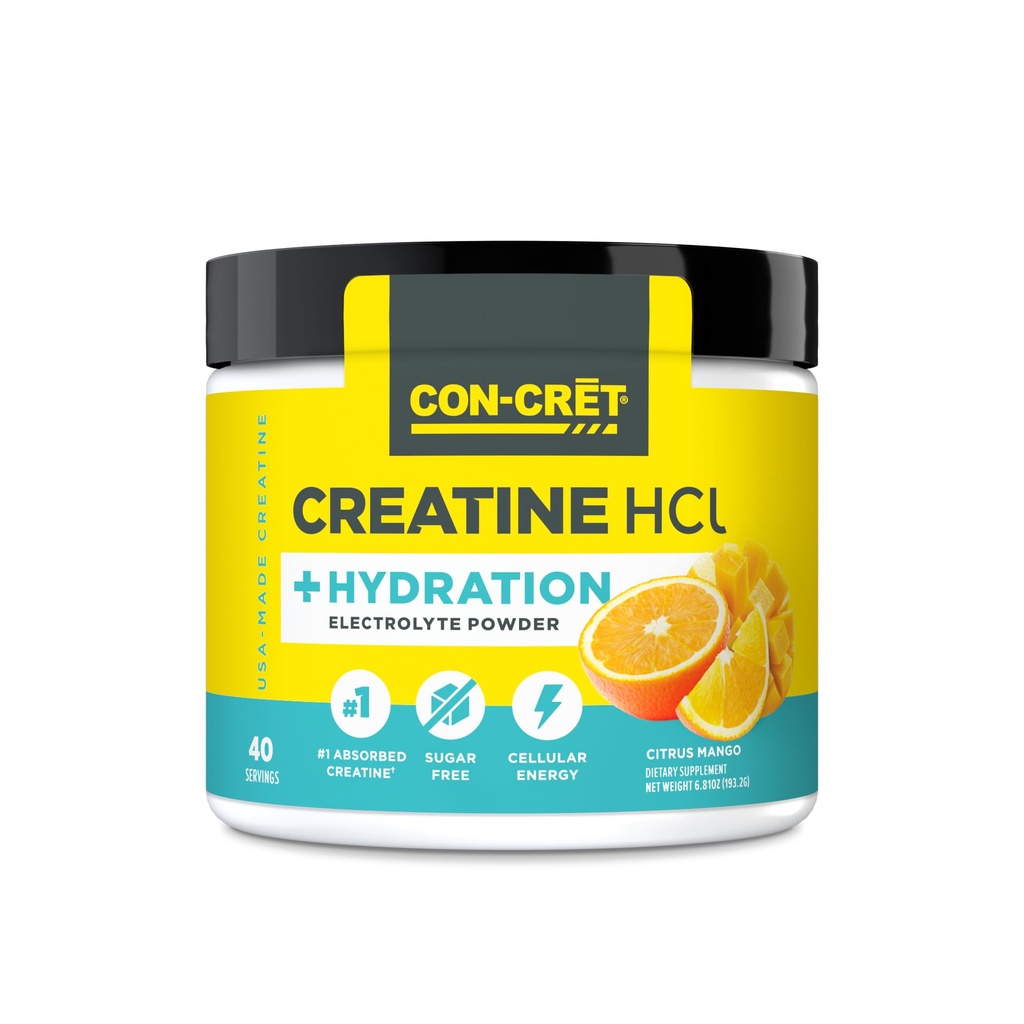 CON- CRET Creature HCl + Hydration Dwudziestoczterokrotnie; Electrolyte Powder Tub 124; Citrus Mango Dwudziestoczterokrotnie; Sugar Free Electrolytes Dwudziestoczterokrotnie; Formuła rehydracji w potasu, sodu, cynku, magnezu do hydratu i odzysku (40 serv)