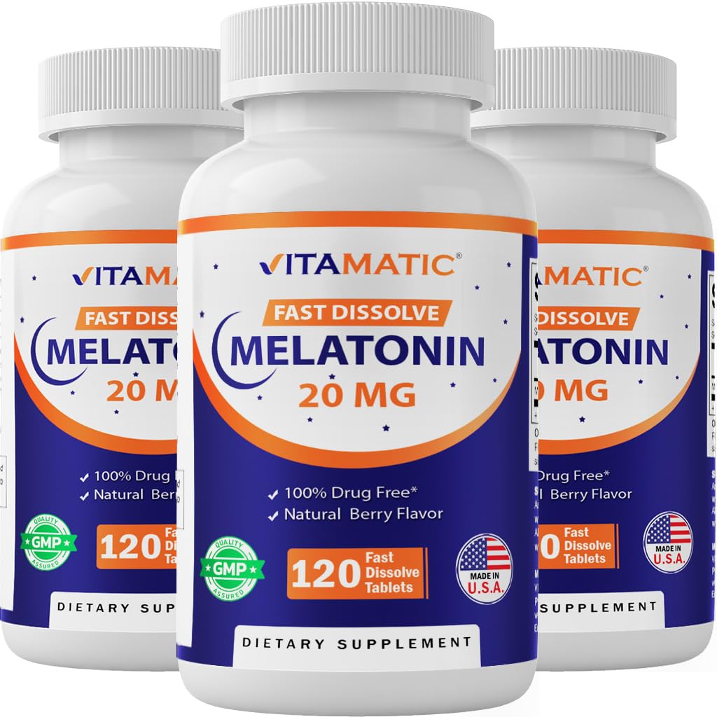 Witamiczna melatonina 20 mg tabletki 124; wegetariańskie, nie- GMO, gluten wolny od glutenu 124; wysoka moc 20 MG tabletki 124; naturalny aromat jagodowy (1 / 2 tabletki = melatonina 10 mg) (120 procent (opakowanie po 3))