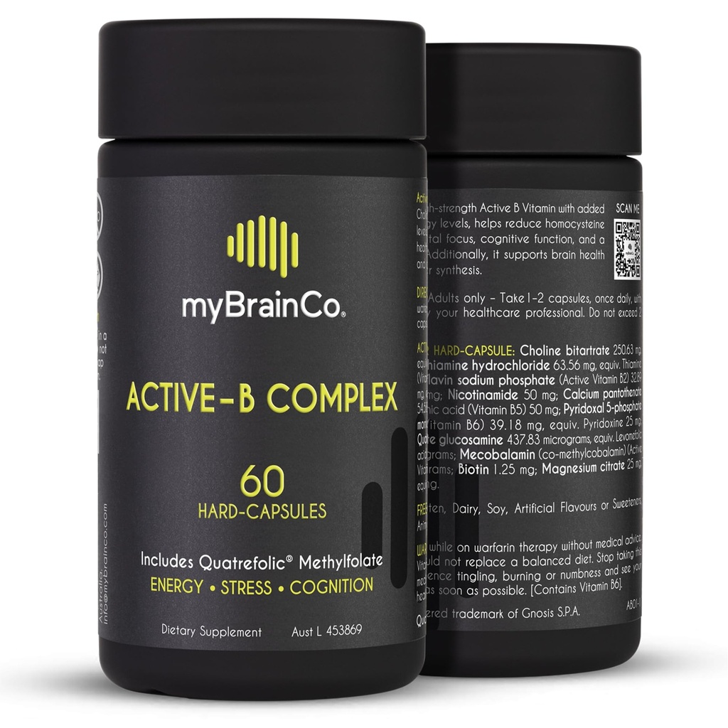 myBrainCo. Active- B Complex - Wysoka wytrzymałość Aktywowany suplement witaminy B z B2, B6, B12 i metylofolianem - Wspomaga energię, Funkcję mózgu i układ nerwowy - 60 kapsułki