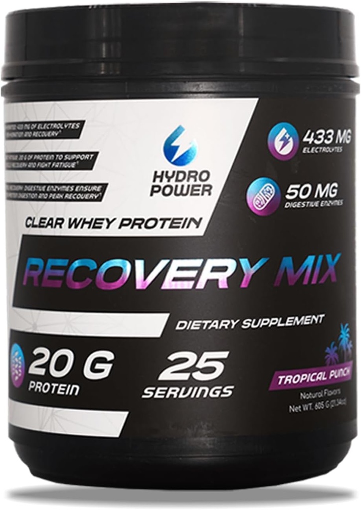 Hydro Power Clear Whey Protein Recovery Mix - Tropical Punch Flavor - 433mg Electrolytes & 20g Protein - Wydajność paliwowa i odzysk - Suplement diety dla mężczyzn i kobiet - 25 Służenie