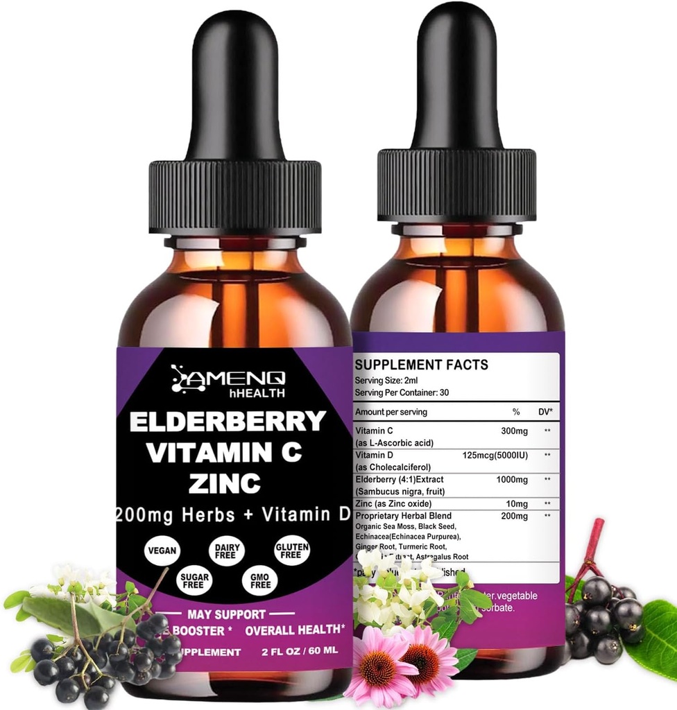 Organiczny syrop z Elderberry, płynne krople Witamina z Elderberry C i Cynk dla dorosłych, 11- in-1 Sambucus Black Elderberry Tincture w / Witamina D3, Sea Moss Black Seed, Elderberry suplement wsparcia immunologicznego