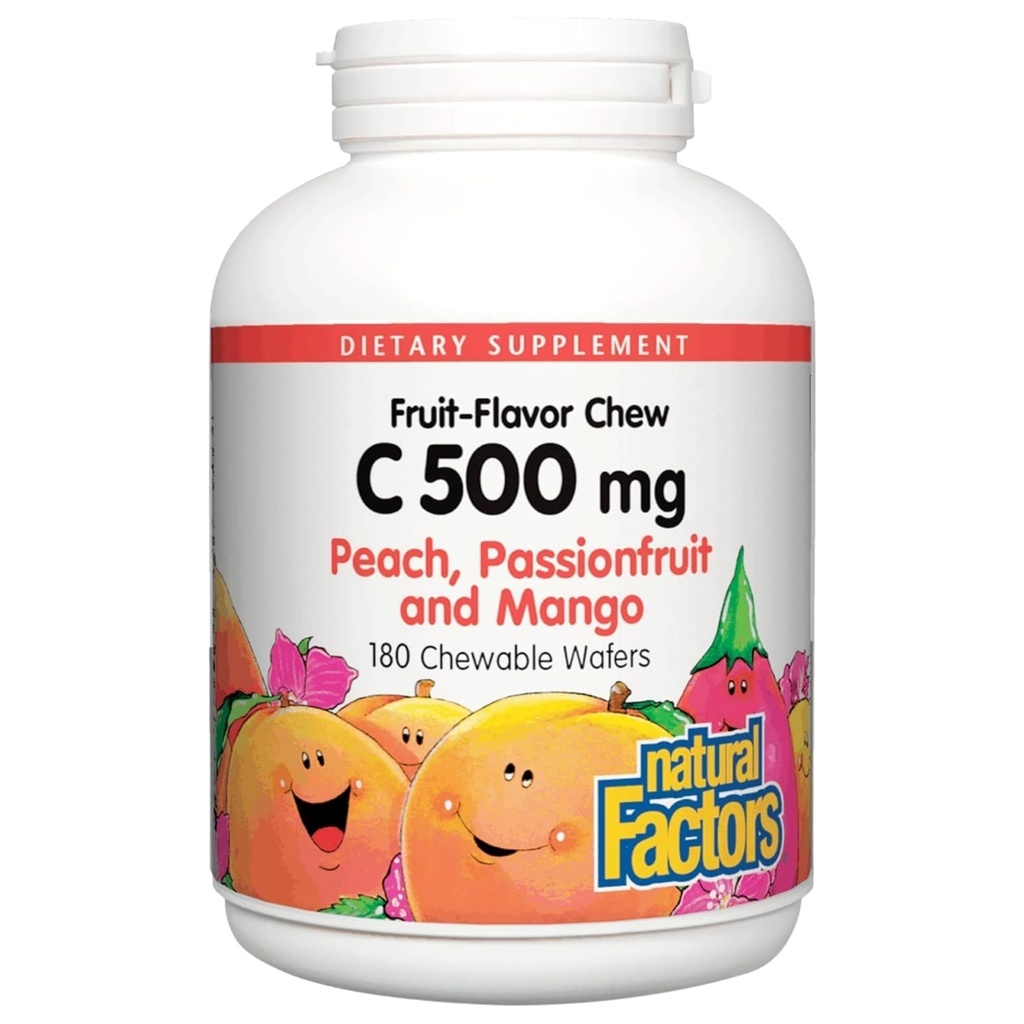 Czynniki naturalne, Witamina C 500 mg do żucia dla dzieci, Wspiera zdrowie immunologiczne, kości, zębów i kwasów, brzoskwinia, owoce męczennicy i mango, 180 Wafers