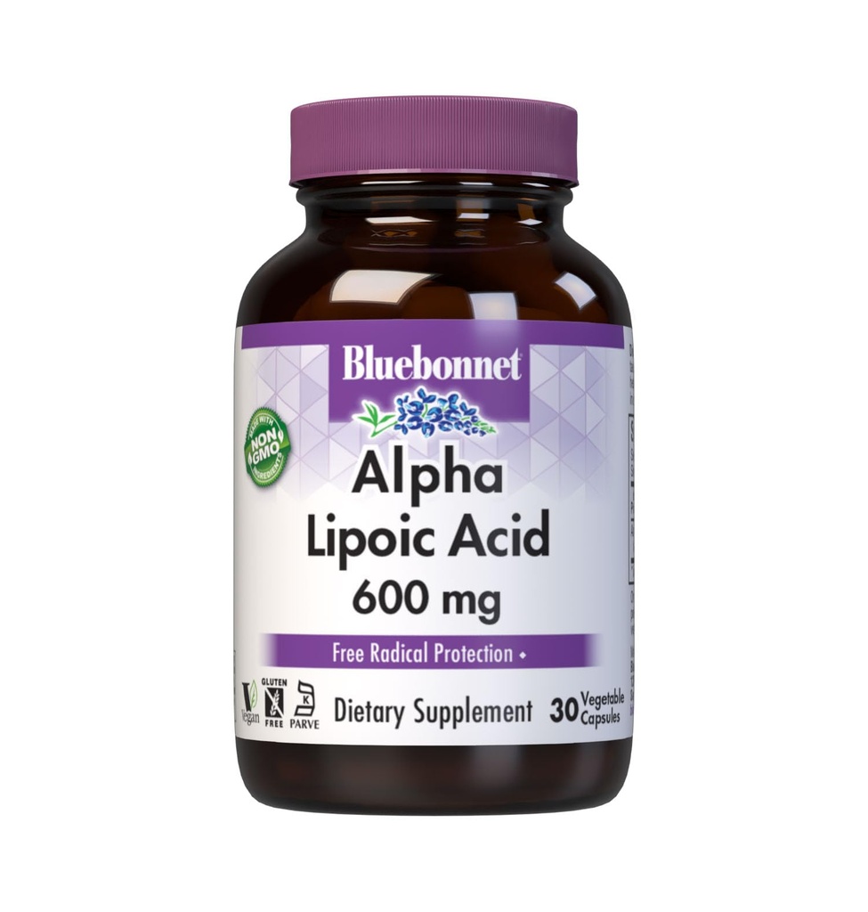 BlueBonnet Alpha Lipoic Acid 600mg - Mocne przeciwutleniacze Nerve Supplement for Women & Men - Non- GMO, Vegan, Kosher - Gluten- Free, Soy- Free, Dairy - 60 Kapsułki roślinne