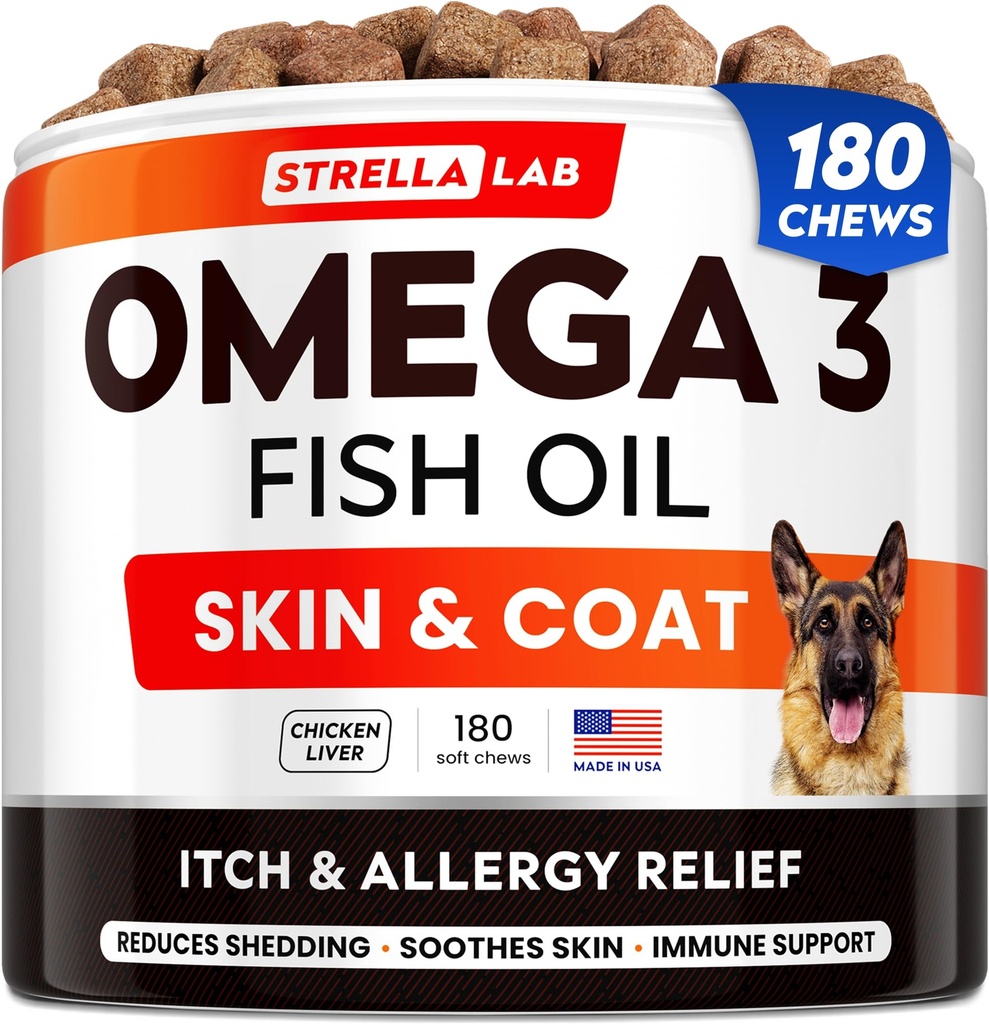 StrellaLab Fish Oil Omega 3 Treats for Dogs (180 Treats) - Allergy & Itch Relief - Skin & Coat Supplement - Joint Health - Wild Alaskan Salmon Oil - Shedding, Itchy Skin Relief - Omega 3 6 9 - EPA & DHA