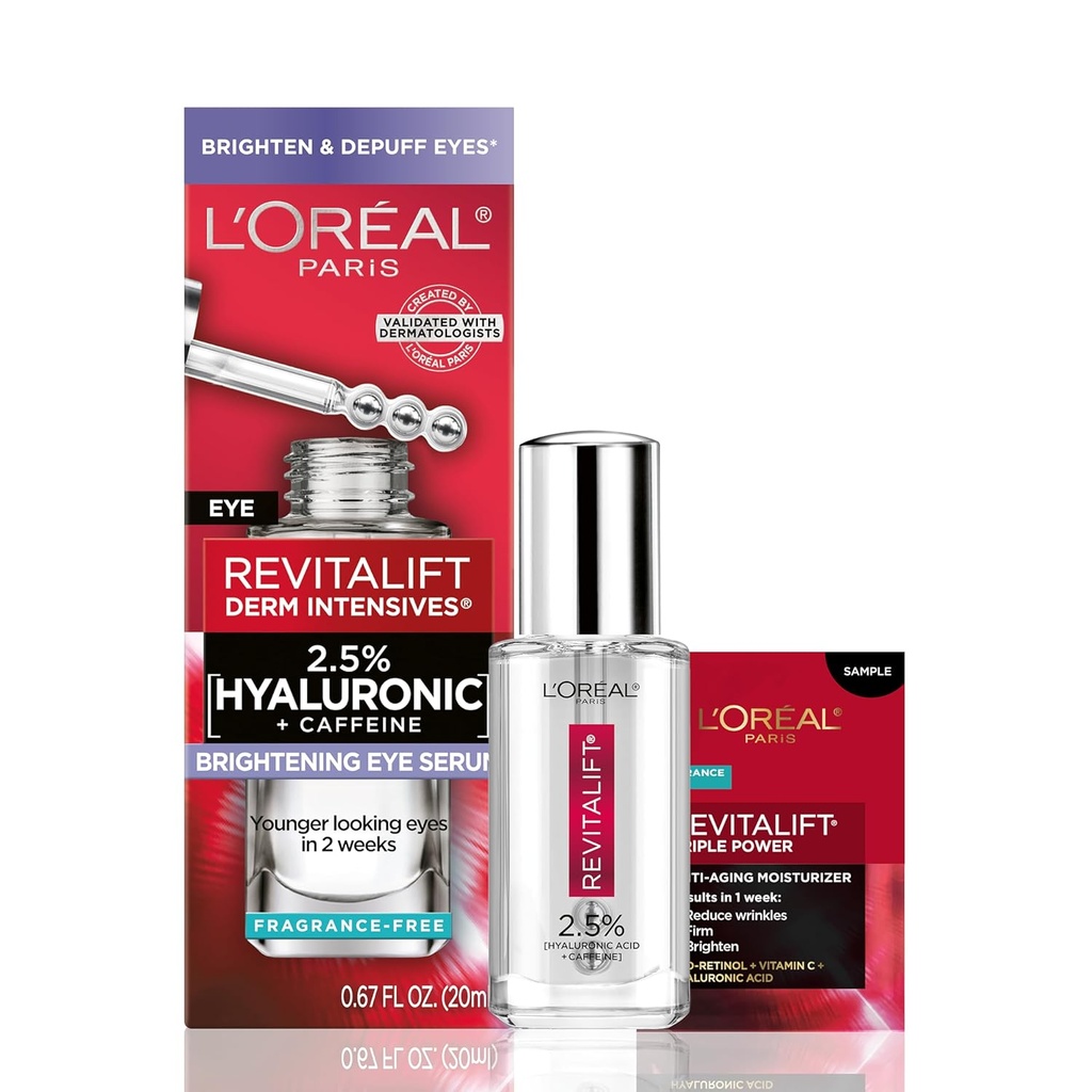 L 'Oreal Paris Revitalift kwas hialuronowy + kofeina Hydrating Eye Serum dla ciemnych kręgów, zapachowy wolny .67 fl. oz + Moisturizer Próbka