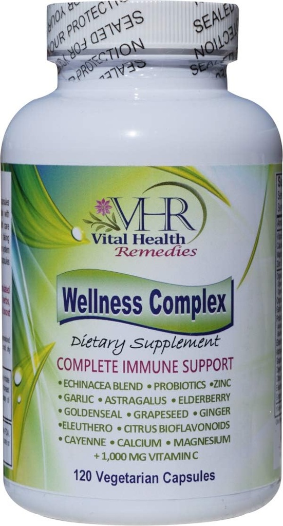 VHR Wellness Kompleks Wzmacniacz immunologiczny Formuła z Echinacea, Goldenseal, Czosnek, Probiotyki, Elderberry, Astragalus, Winogrona, Cayenne, Bioflavonoids, Eleuthero, Ginger, VIT. C, Cynk. 120 Czapki Veg
