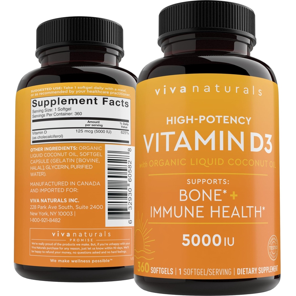 Viva Naturals Witamina D3 5000 IU Softgels, 360 Count (125 mcg), Wspiera zdrowie kości i odporności, Witamina D o dużej mocy