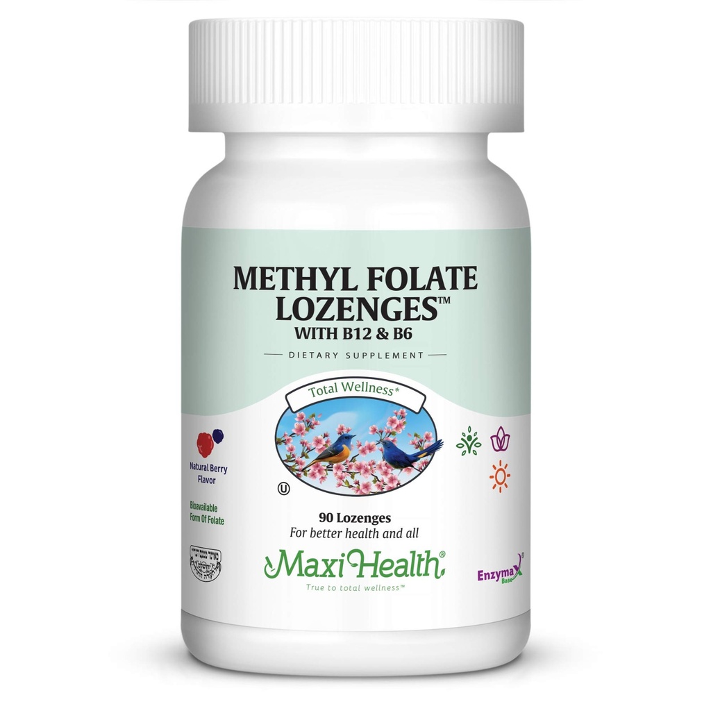 Maxi Health Metyl Folate Lozenges z B12 & B6, pamięci zapachowej, hormon sercowo-naczyniowy i immunologiczne Wsparcie Gluten Free, Kosher Berry, 90 Count