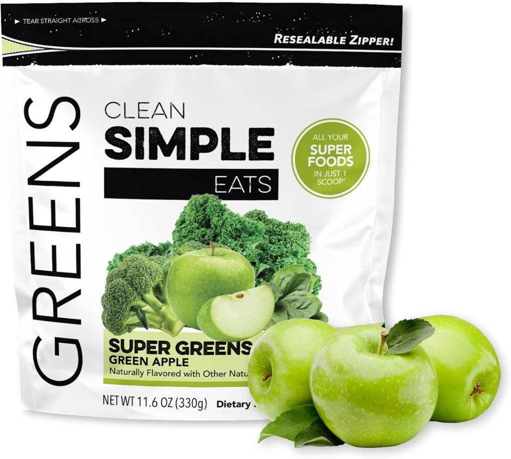 Czyste proste jedzenie Super Zielone Proszek, naturalnie pachnące Zielone Proszek z Chlorella, Spirulina, Superfoods & Fiber prebiotyczny, Brak sztucznych składników, Gluten Free, Zielone jabłko Flavor, 30 Służenie