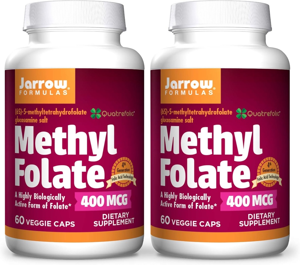 Jarrow Fixas Methyl Folate 400 mcg - 60 Veggie Caps, Pack of 2 - Wysoce Biologicznie Aktywna Forma Folate - 4 Generation Folic Acid Technology - 120 Total Servings