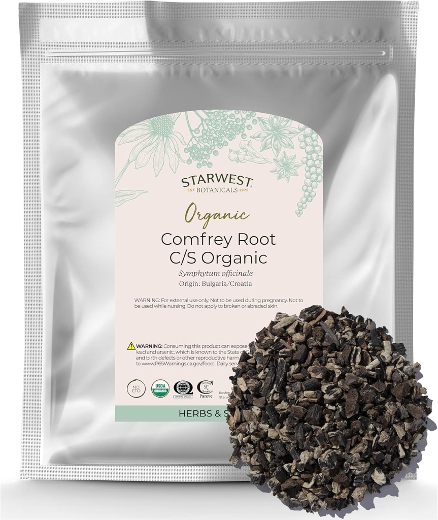 Starwest Botanicals Organic Suszony Comfrey Root - Natural Herb dla aplikacji tematycznych, Salve lub oleju, Cut & Sifted, Certified Kosher, Non-GMO - Bulk 1 lb Bag