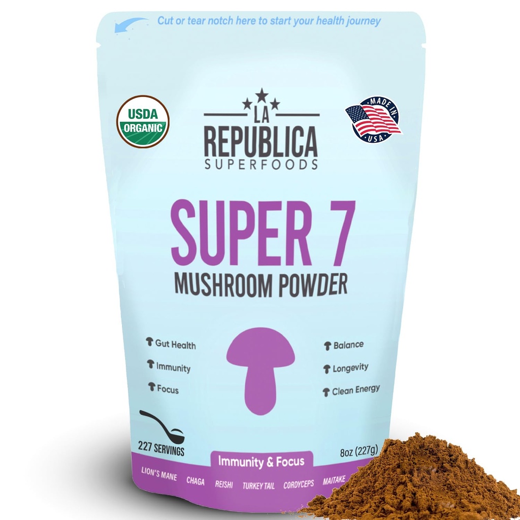 La Republica Superfood Super 7 Mushroom Extract Powder, Zawiera Lwie 's Mane, Reishi, Chaga, Cordyceps, Shiitake, Maitake i Turcja Tail (8 oz)