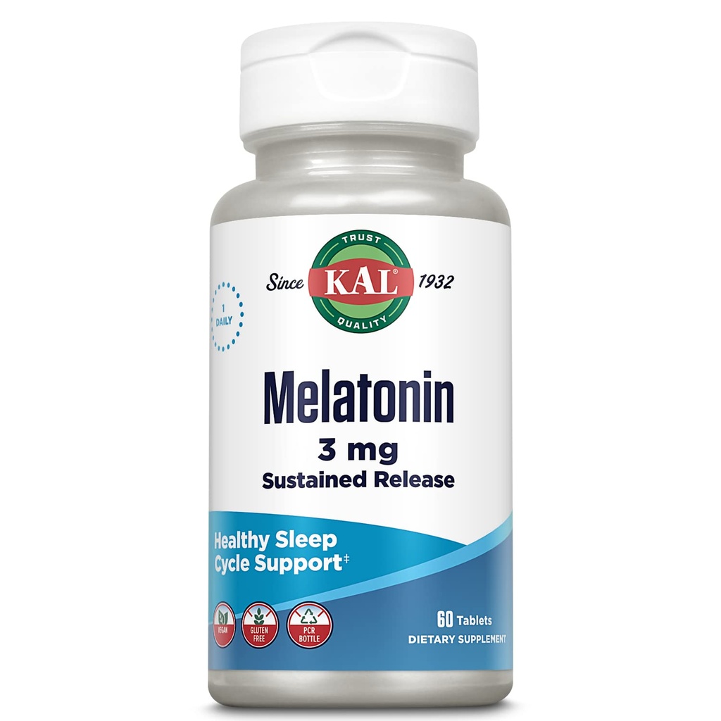KAL Melatonina 3 mg Trwała pomoc na sen uwalniania, Suplement melatoniny wspomaga zdrowe odprężenie, spokojne uczucie i odpowiedni cykl snu, w / dodano witaminę B6, wegan, gluten wolny 60 Serv, 60 tabletek