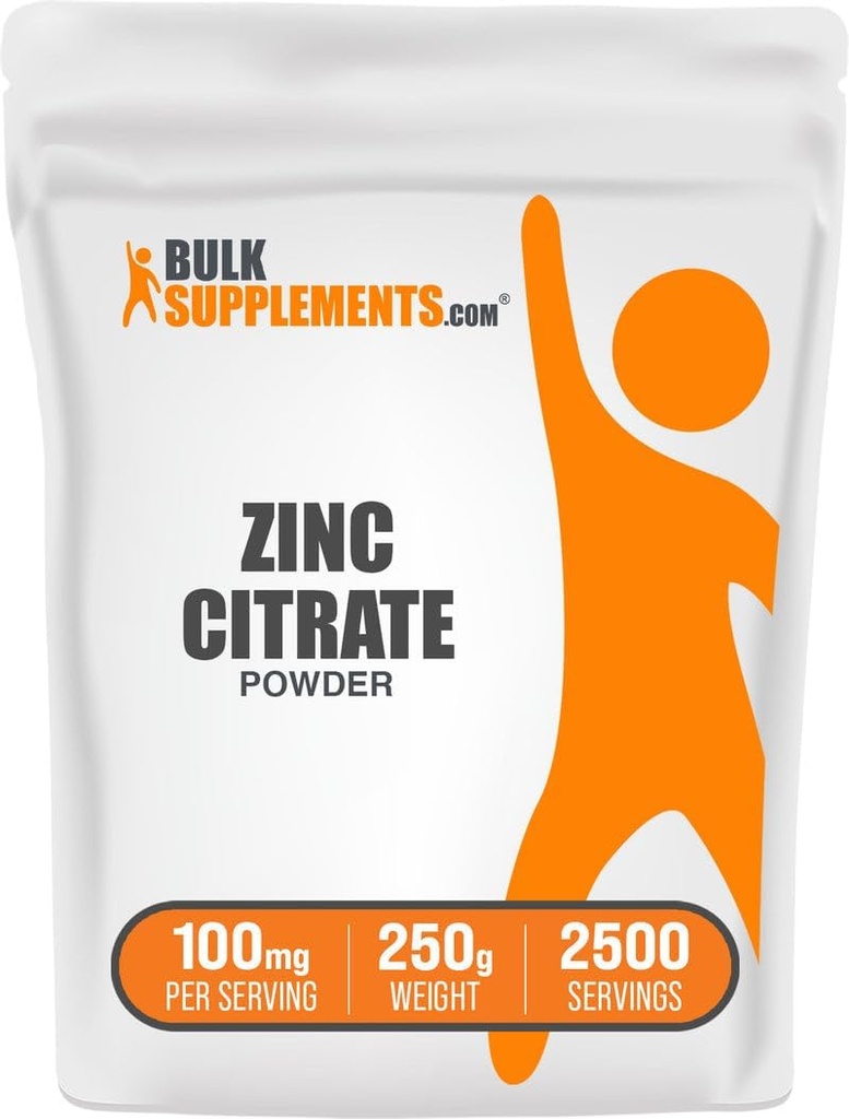 BulkSupplements.com Proszek Cytrate cynku - Suplementy cynku, Suplement mineralny, do wsparcia immunologicznego - Gluten Free, 100mg na jedną porcję, 250g (8.8 oz) (Opakowanie po 1)