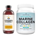 Marine Collagen Proszek + Witamina C - Doskonała skóra z wewnątrz Combo. Wild- Caught Cod Fish Peptydes, Liposomal VIT C Liquid 1000mg. Boost Production and Syntesis for Healthy Aging, Beauty, Wellness.