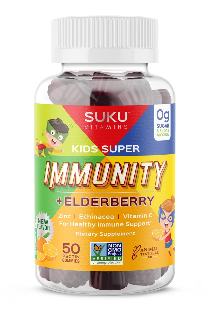 SUKU Witaminy - Dzieci Super Immunitet - Elderberry, Echinacea, Witamina A i Gummeje cynku dla immunologicznego wsparcia - Łatwe do żucia - Nie GMO, Cukier gluten Free - Pomegranat Lime Gumy Witaminy, 50 Hrabia