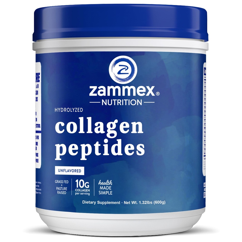 Zammex Premium Kolagen Peptydy w proszku Unflavored, Zhydrolizowane białka typu I & III, Wspiera włosy, skóra, paznokcie, łączniki, paszy trawy, Non-GMO, Gluten- Free, Paleo & Keto Friendly, 60 Służenie