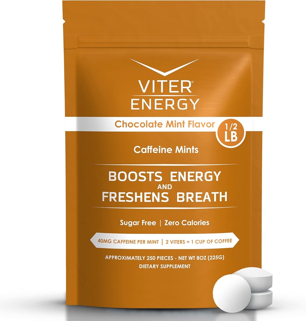 Viter Energy 40mg Caffeine Mints - Sugar Free, B Vitamins, Vegan, Boosts Fast Energized Alert Focus, Caffeinated Nootropic Supplement Pills (Chocolate Mint Flavor, 8oz, Bulk Bag)