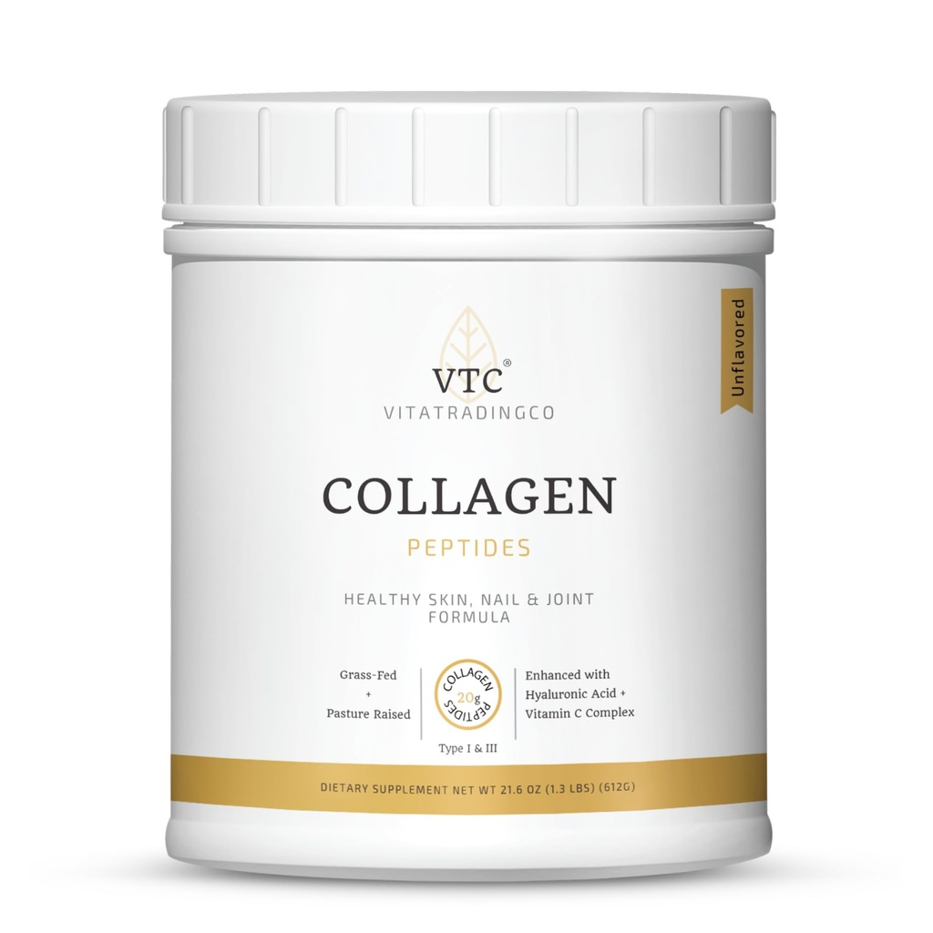 VTC VitaTradingCo. Grass- Fed Collagen Peptydes Powder Bedding 124; Typ I & III Bedding 124; Kwas hialuronowy & Witamina C Bedding 124; Zdrowe włosy, Skóra & Łączniki Bedding 124; Non-GMO, Paleo, Keto Bedn 124; 30 Sługi (Unflavored)