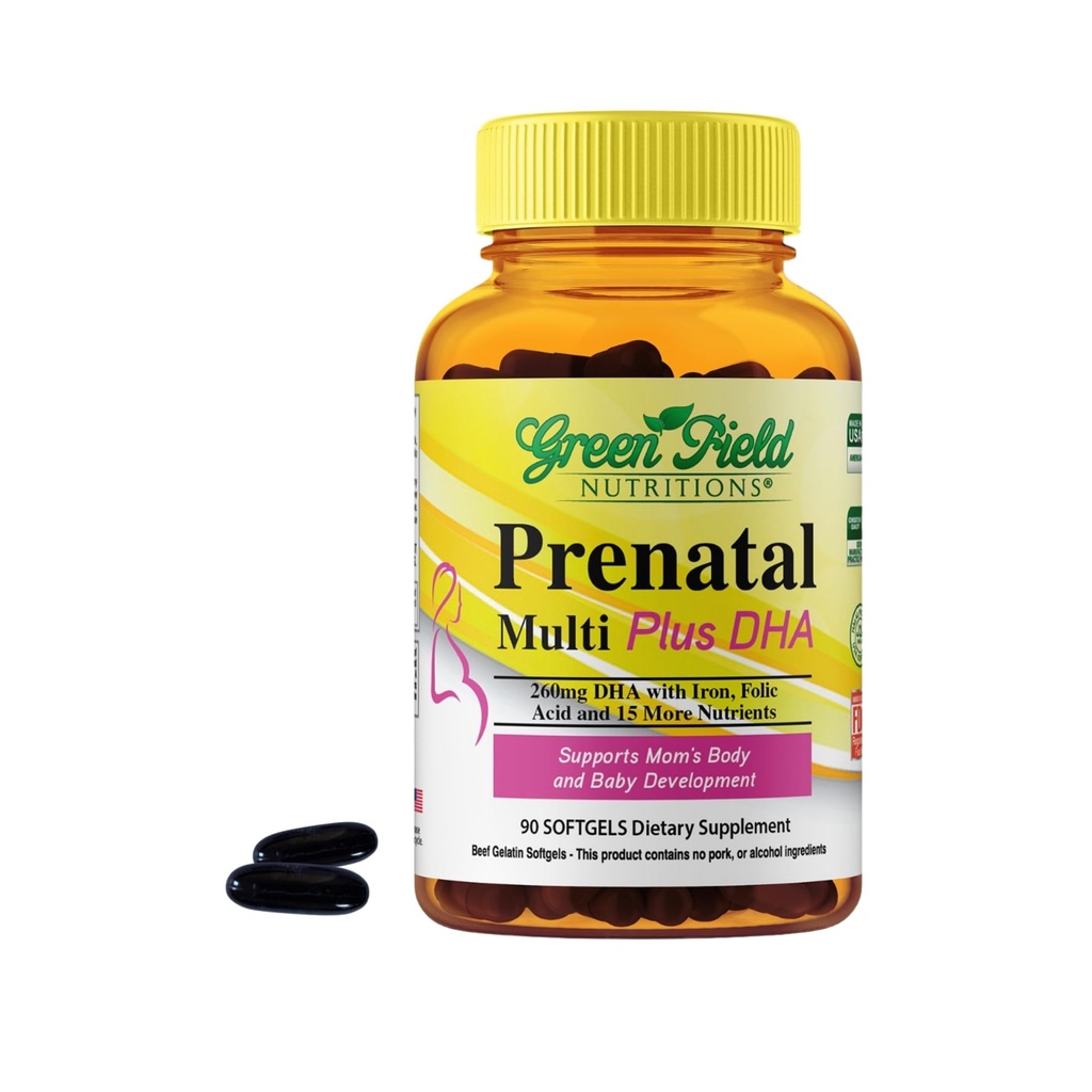 Greenfield Nutritions Halal Witaminy prenatalne z DHA i kwasu foliowego - Zasadnicza ciąża prenatalna Multiwitamina z żelazem - Zawiera 17 Witaminy dla mamy - Łatwy połykać 90 Płynne Softgels