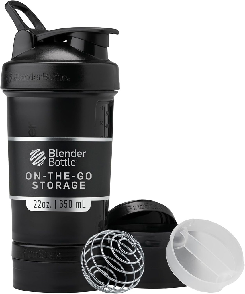 BlenderBottle Shaker Butelka z Pill Organizer and Storage for Protein Powder, Classic V2 ProStak System, 22- Ounce, Midnight Black
