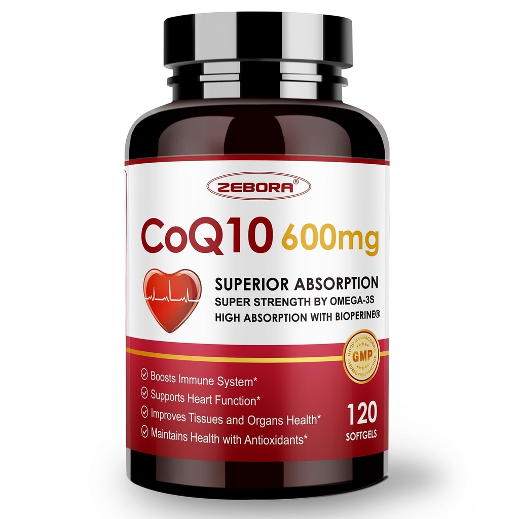 ZeBORA CoQ10- 600mg- Softgels - Extra Siła Koenzym Q10 z PQQ, Omega- 3 i BioPerine - Wysoka Absorpcja CoQ10 Suplementy przeciwutleniające (Ubichinon) dla Heart Health & Energy Production, 120 Softgels