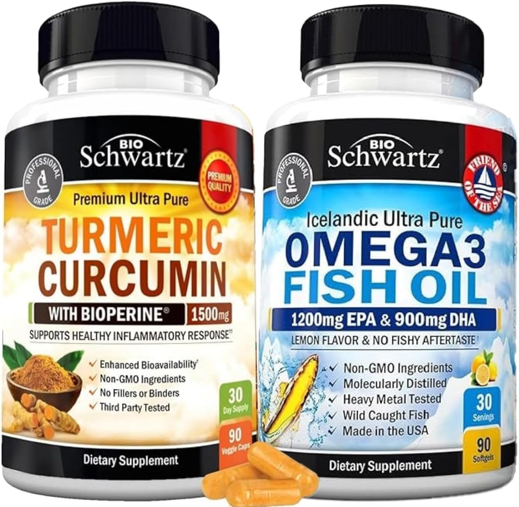 Potrójne siły Omega 3 Softgels oleju rybnego (1 miesiąc dostaw) Plus kurkumina kurkumina z Black Pepper Extract 1500mg Complex (Rozmiar próby)