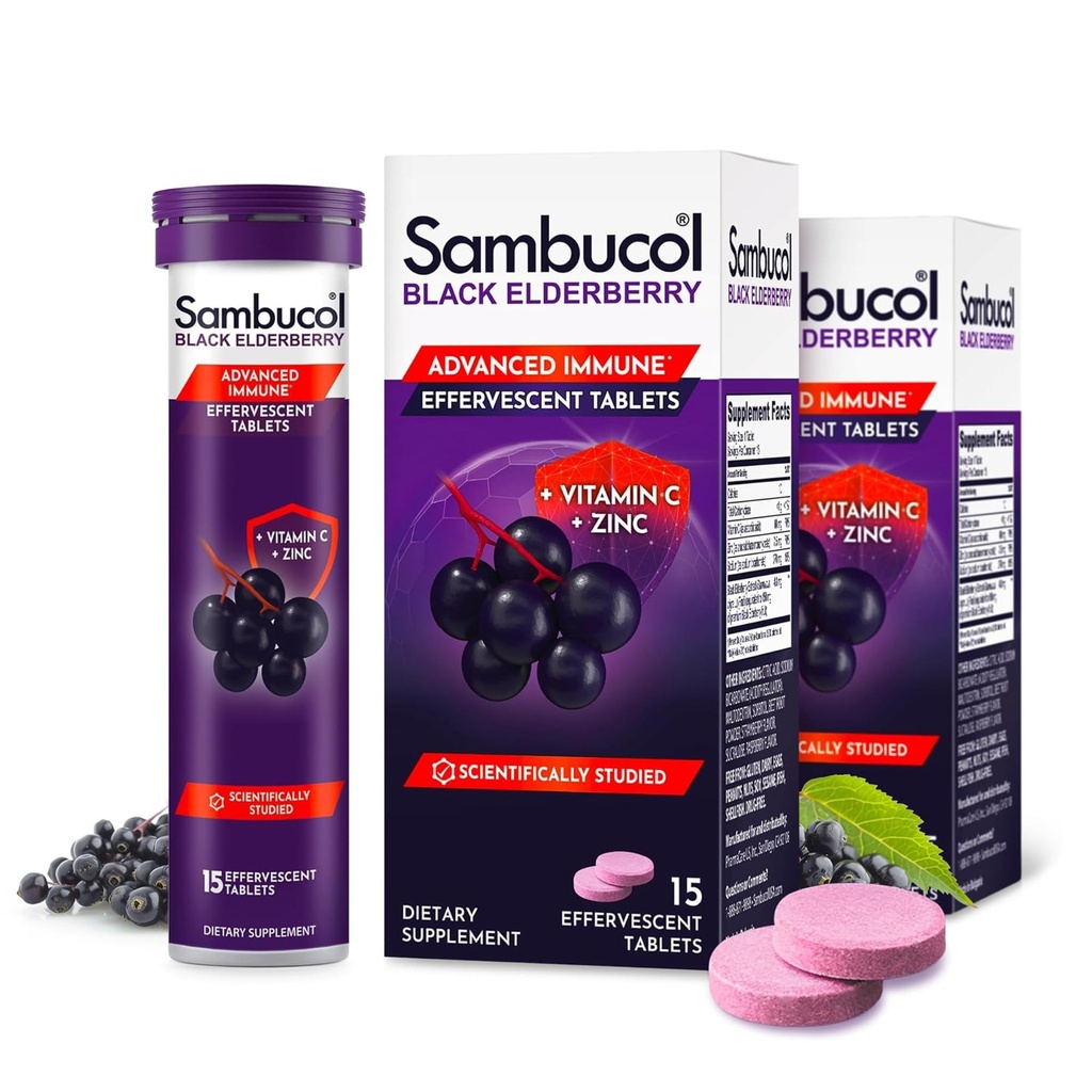 Sambucol Black Elderberry Tablets z witaminą C & Cynk - Suplement wsparcia immunologicznego, Black Elderberry z cynku i witaminy C tabletki musujące, Wysokie przeciwutleniacze, Drink Fizies- 30 Count