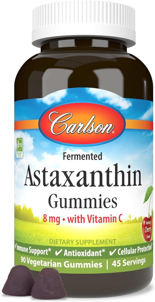 Carlson - Gumie astaksantynowe, z witaminą C, Wsparcie immunologiczne, przeciwutleniacz, Zdrowie serca, Non-GMO, Cherry Flavor, 90 Gummies wegetariańskie