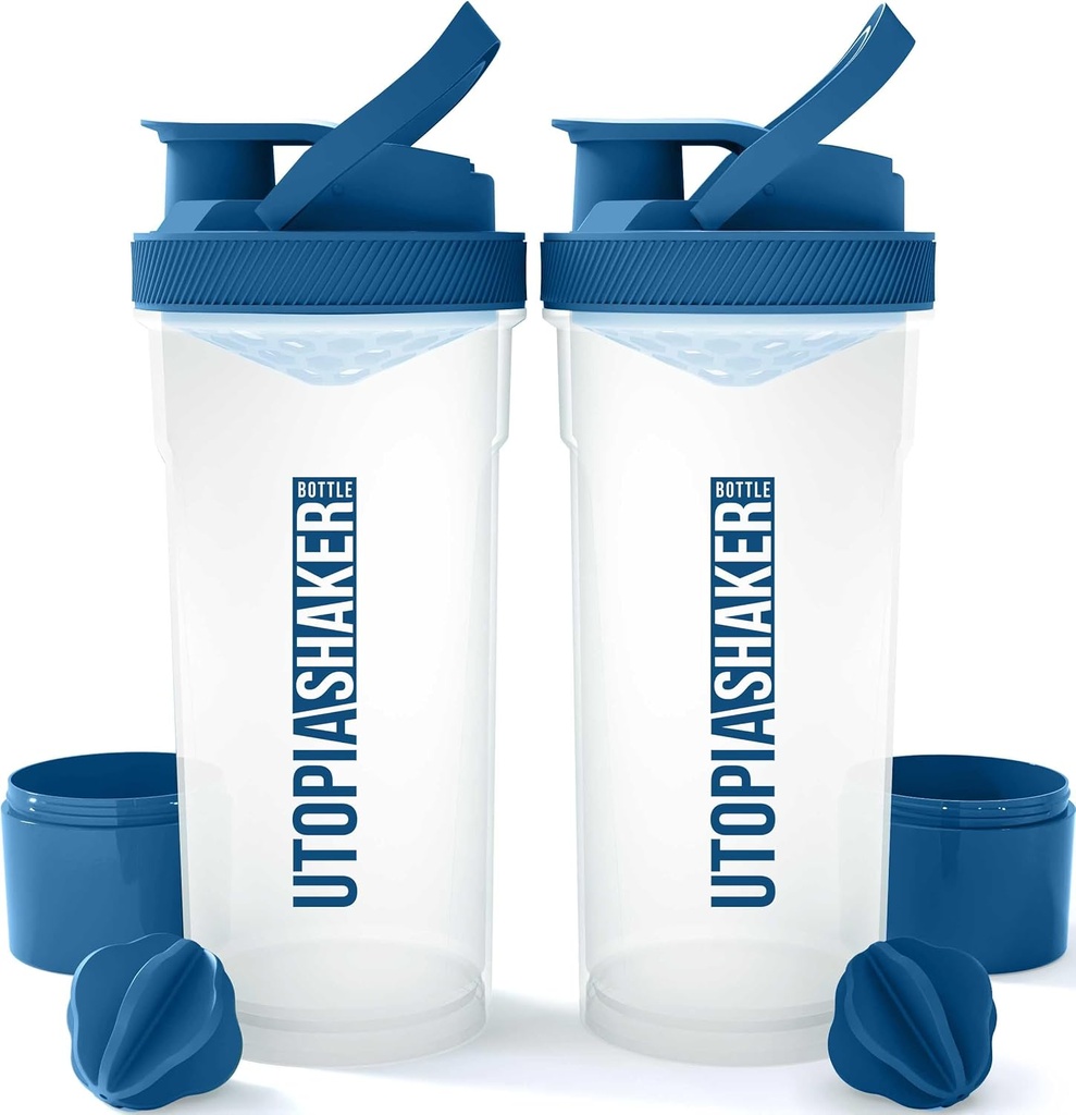 Utopia Strona główna Shaker Butelka 2 Pack - 24 Ounce plastikowe białko lub shaker koktajl butelki do treningu przed i post z Twist & Lock pudełko białka przechowywania (Clear / Navy)