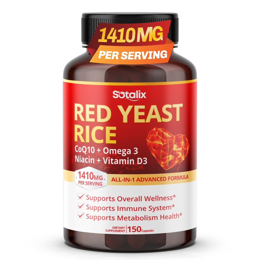 Ultra Red Yeast Rice z CoQ10, Omega 3 Niacyna, Witamina D3 dla ogólnego Well- Being, Wsparcie układu immunologicznego - USA Made & Tested (150 Liczba (Pack of 1))
