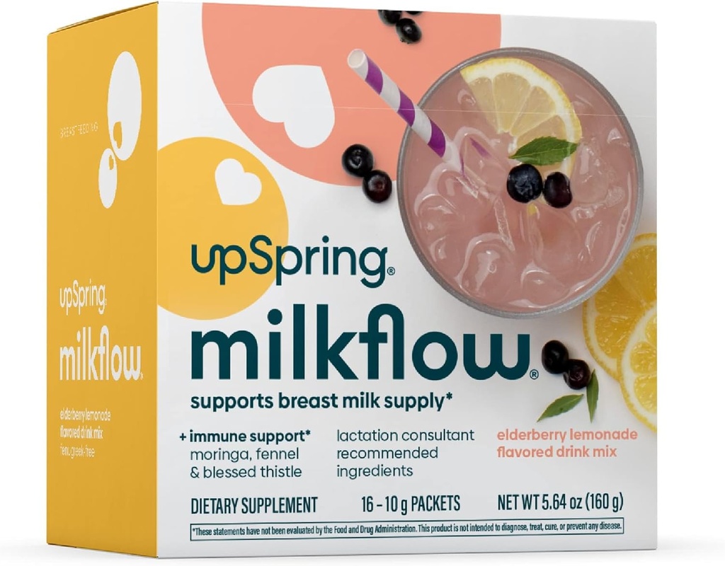 UpSpring Milkflow Immune Supplement Supplement Supplement Supplement Drink Ecugreek- Free, Moringa Elderberry Lemonade Flavor, Suplement do Laktacji Supplement to Support Breast Milk Supply, 16 Mixes