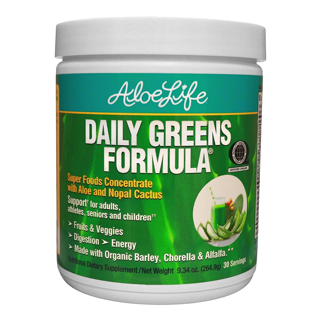 Aloe Life - Codzienne Zielone Proszek, QAI- Certified Organic Health Supplement, Przeciwutleniacze, 21 Owoce, Warzywa, & Zioła Włączając Aloe & Nopal Cactus, Low- Calorie, Keto- Friendly, Gluten- Free (30 Servings)
