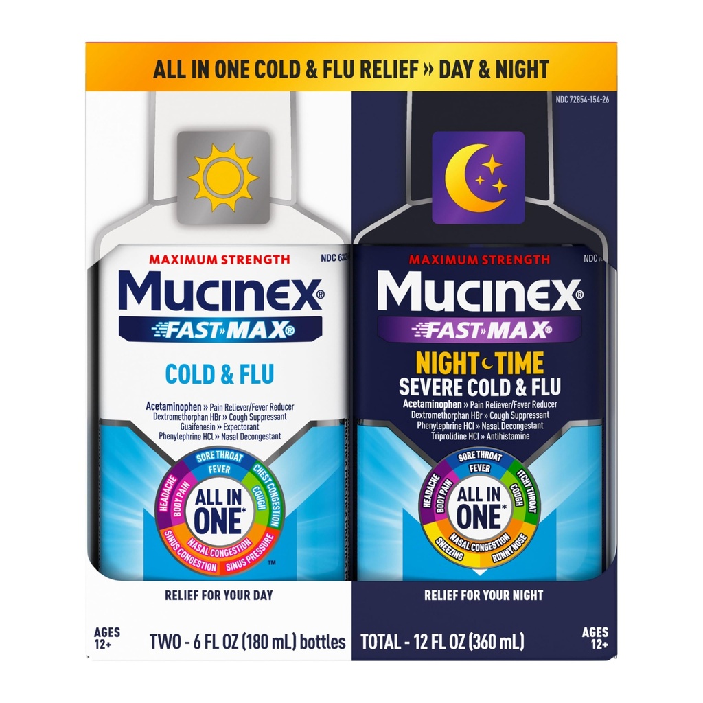 Mucinex Fast- Max Cold and Flu & Nightshift Medicine dla dorosłych, Over- The- Counter Medication Combo Pack for Sore Throat Relief, Decongestant, Cough & Cold Medicine (2 x 6 Fl Oz)