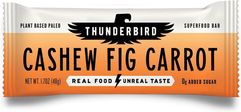 Thunderbird Bars Energy Snack, Gluten- Free z białkiem, Zdrowe prawdziwe jedzenie, Wegan Paleo Non-GMO, No Added Sugar, Cashew Fig Marchew Flavor (12 Count, 1.7 oz. Bary)