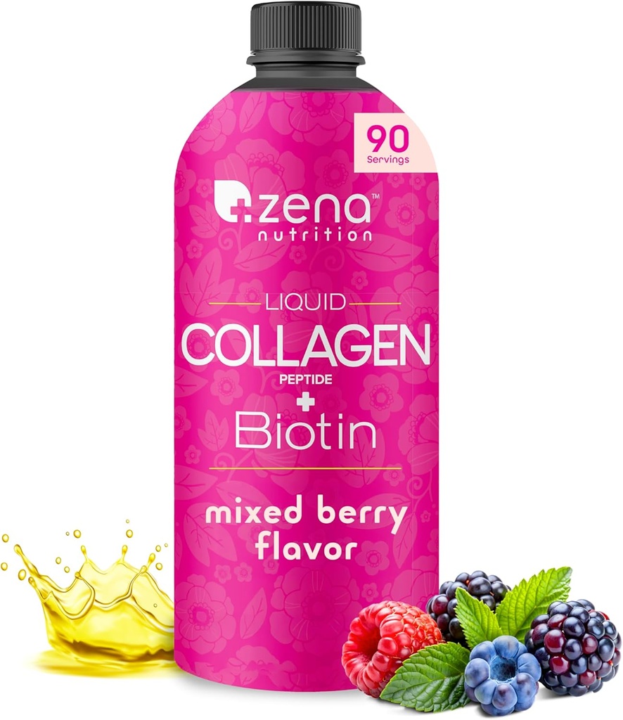 Zena Nutrition Liquid Collagen Peptydes and Biotin, 2500mg Verisol Bioactive Collagen Peptydes, 5000mcg Biotin, Włosy, Skóra, Suplement paznokci dla kobiet i mężczyzn, Mieszane Berry, 90 Służenie, 30 fl oz